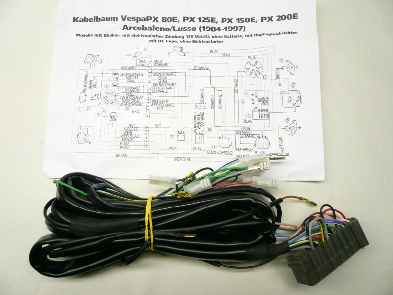 Kabelbaum Vespa PX Lusso für Modelle ohne Batterie mit Hupengleichrichter