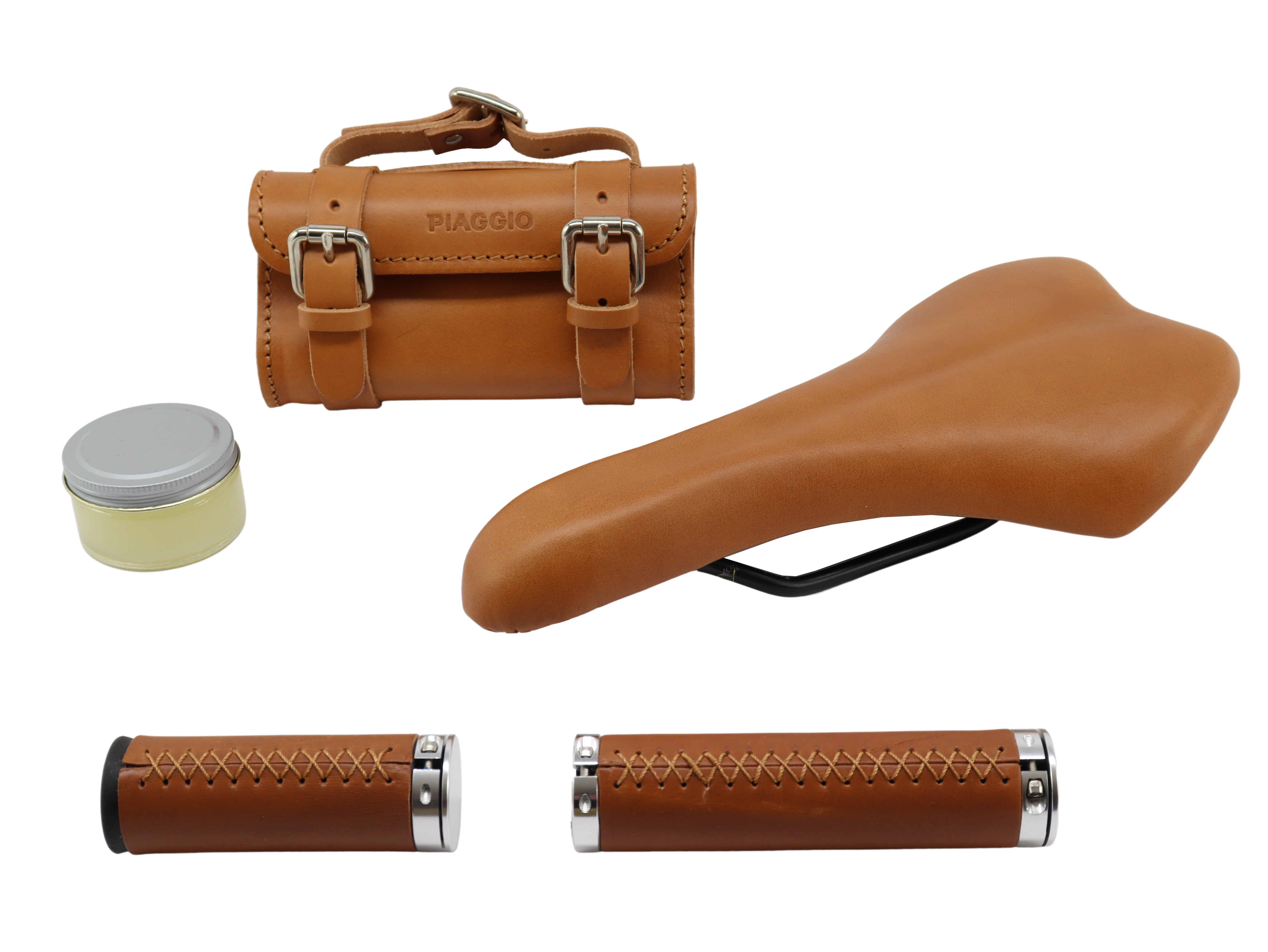 Fahrrad Echtleder Set Sattel Griffe Tasche Piaggio WI Bike
